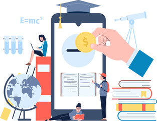 Invest in online education. Study cryptocurrency, man woman learning using resources and scholarship. Investment on mba or training, recent digital vector concept