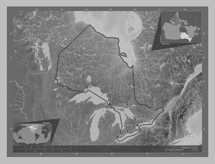 Ontario, Canada. Grayscale. Labelled points of cities