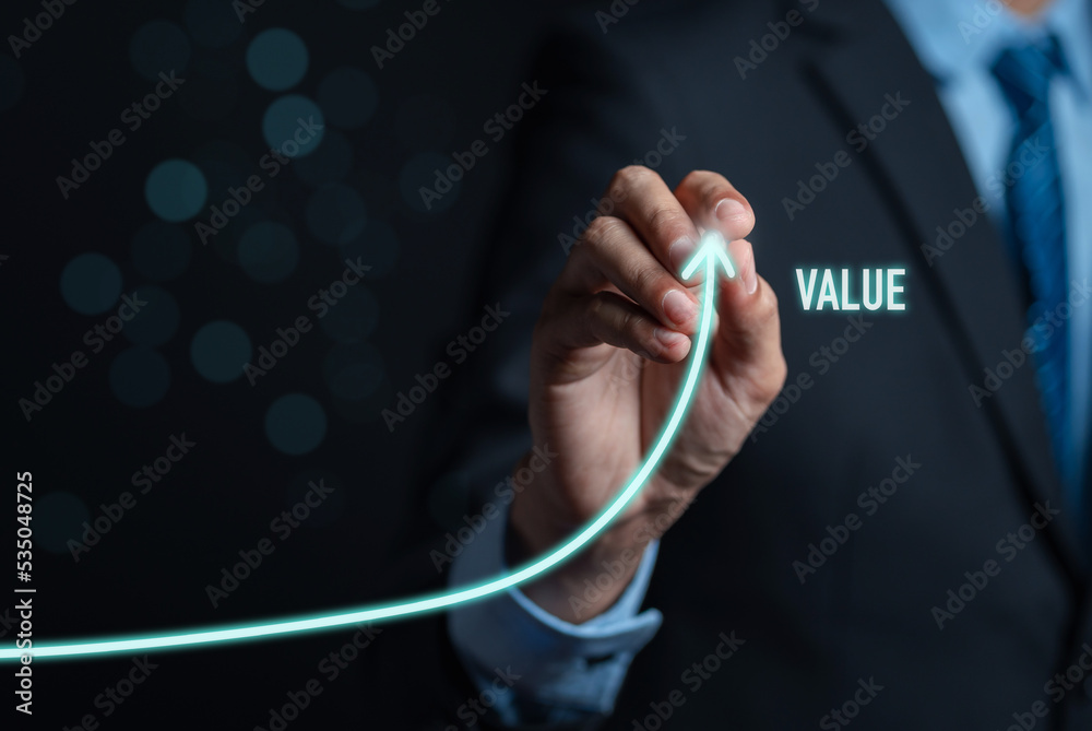 Aufkleber businessman writing value of money target analyze sales data trading and showing a growing virtual s