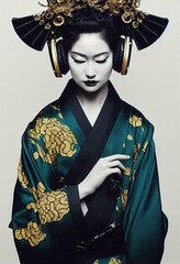 A young beautiful geisha in a kimono and headphones. Portrait of a beautiful geisha in a black and gold kimono. 3D rendering.