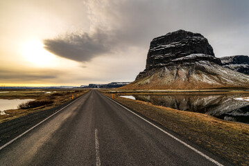 Wide angle shot of the Ring Road / Route 1 in southern Iceland, leading towards the mighty...