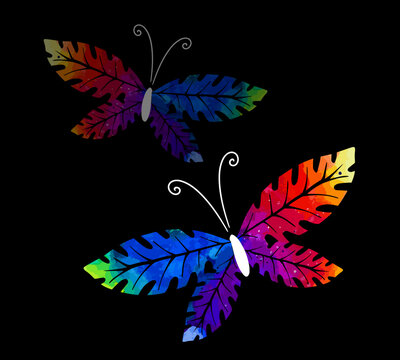Rainbow watercolor butterfly On a black backgroun. Multicolour leaf butterflies logo, icon and t-shirt print. Vector illustration