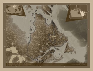 Quebec, Canada. Sepia. Labelled points of cities
