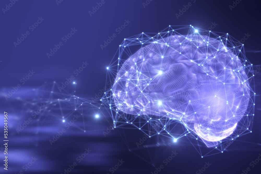 Poster Science technologies and artificial intelligence concept with side view on digital human brain with polygonal glowing lines around on dark background. 3D rendering