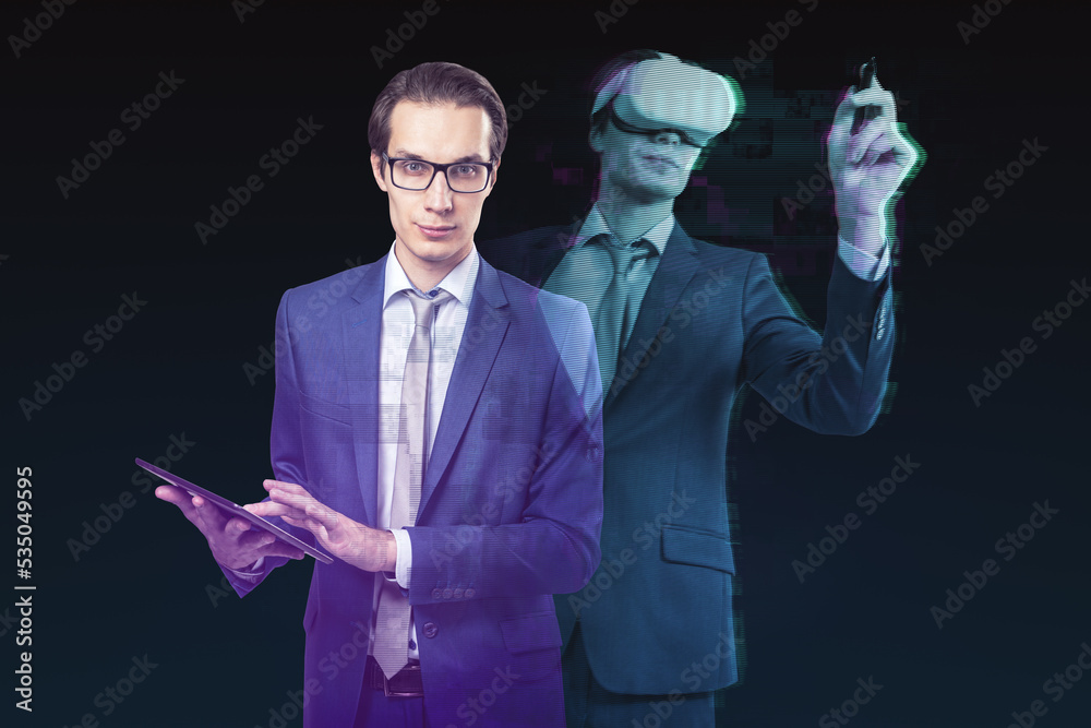 Aufkleber abstract dual image of attractive man with tablet and vr glasses silhouette on dark background. augm