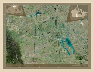 Saskatchewan, Canada. High-res satellite. Labelled points of cities