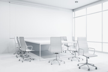 Perspective view on modern office with chairs, big white table and panoramic window on background, stylish design project. 3D rendering