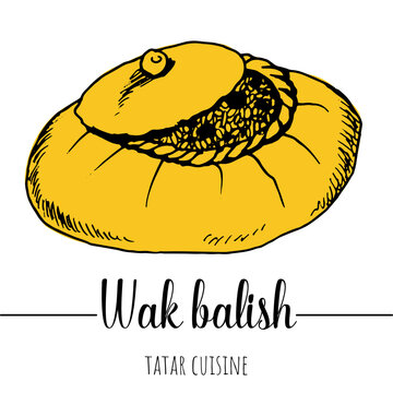 Vak Balish. Bashkir national pie. Hand drawn illustration of national Bashkir cuisine dishes. Asian, bashkir, tatar cuisin