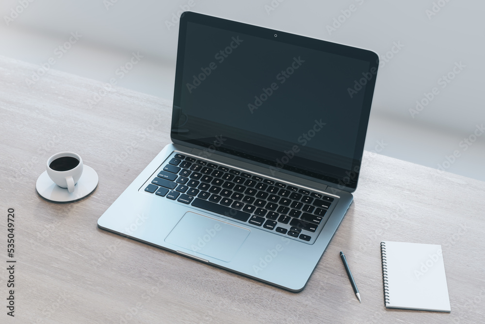 Poster close up of empty laptop on wooden desktop with coffee cup, notepad, pen, mock up place on screen, b