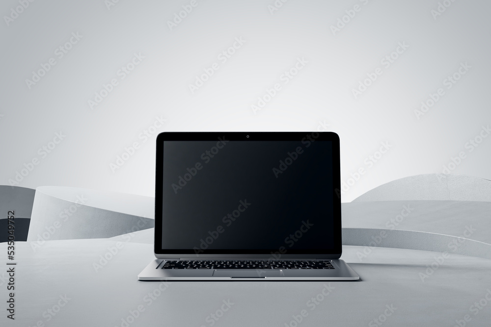 Poster Front view on blank black modern laptop monitor with place for your logo or text on abstract light grey stylish surface and light blank background. 3D rendering, mockup