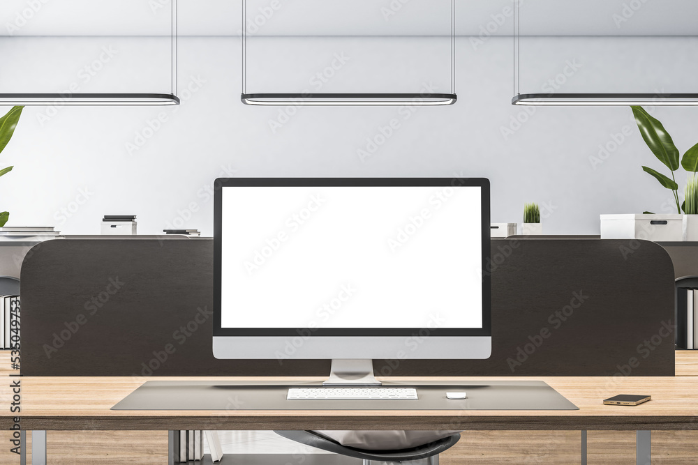 Aufkleber Front view on blank white monitor screen with place for your logo or text on wooden workspace table in minimalistic style office with black partition on light wall background. 3D rendering, mockup