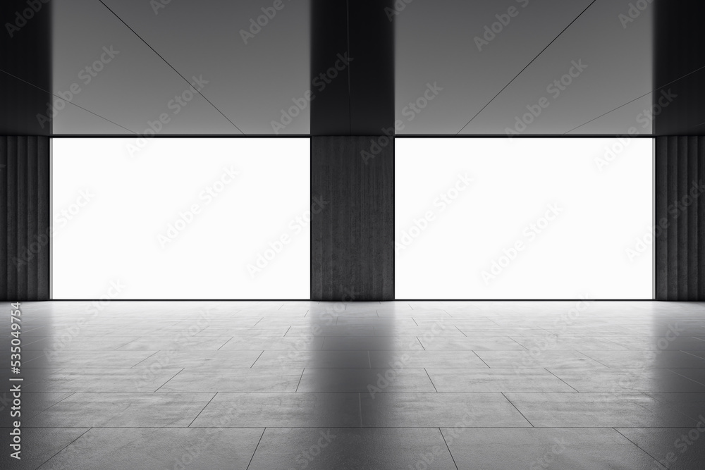 Poster Front view on blank white poster with space for your logo or text on dark wall in empty hall with glossy ceiling and ceramic tale floor. 3D rendering, mockup