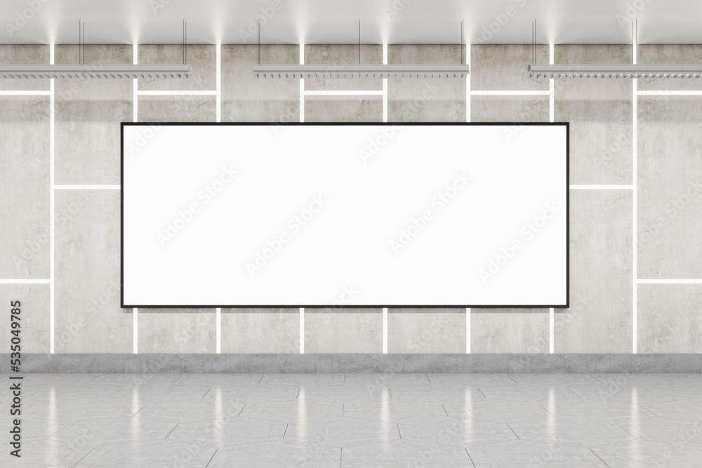 Aufkleber front view on big blank white poster with space for your logo or text on grey concrete plates wall i