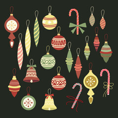 Christmas decoration set with red, green Christmas balls, caramel. Vector images isolated in flat style.