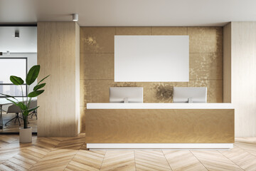 Front view on blank white poster with place for your logo or text on golden color wall in reception area with modern computers, wooden floor and green plant. 3D rendering, mockup