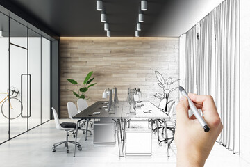 Stylish conference room design project development with wooden wall, monochrome furniture and hand...