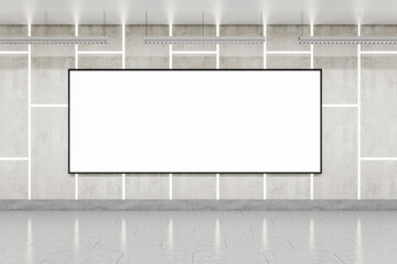 Front view on big blank white poster with space for your logo or text on grey concrete plates wall in empty industrial style area. 3D rendering, mock up