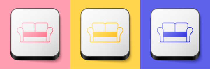 Isometric Sofa icon isolated on pink, yellow and blue background. Square button. Vector