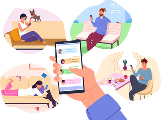 Friend news sharing. Follow friends online in social network or messenger app, hand holding smartphone contact list on screen phone program people communication vector illustration