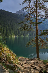 view of a lake in the mountains showing peak of a mountain in the background 