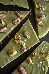 Matcha chocolate with salt and pistachio, modern snacks