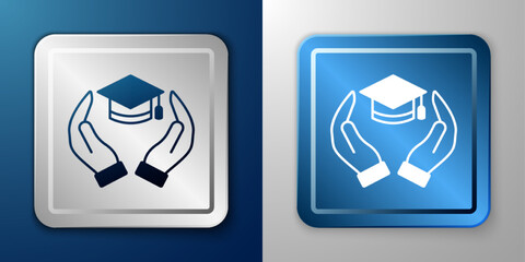 White Education grant icon isolated on blue and grey background. Tuition fee, financial education, budget fund, scholarship program, graduation hat. Silver and blue square button. Vector