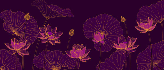 Luxury vector background with lotus flower, leaves and buds. Elegant floral wallpaper in minimalistic linear style.
