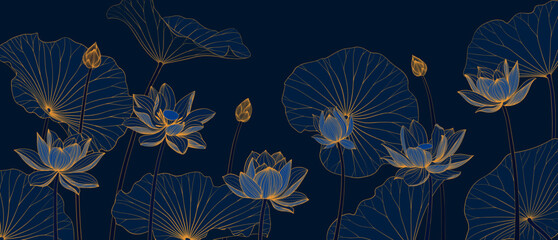 Luxury vector background with lotus flower, leaves and buds. Elegant floral wallpaper in minimalistic linear style. - 535050552