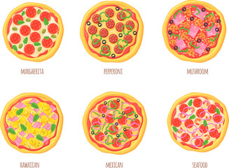 Cartoon pizza top view. Italian or hawaiian pizzas with toppings, slice piece pepperoni cheese mushrooms meat ingredients european cuisine, round food set neat vector illustration