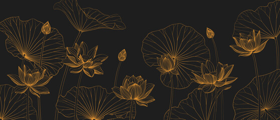 Luxury vector background with lotus flower, leaves and buds. Elegant floral wallpaper in minimalistic linear style. - 535050584