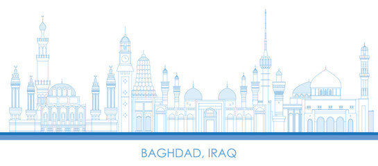 Outline Skyline panorama of city of Baghdad, Iraq - vector illustration - obrazy, fototapety, plakaty