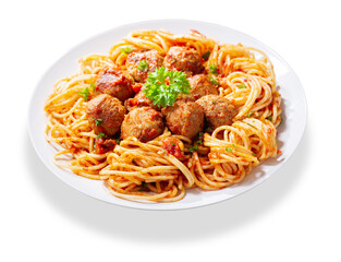 plate of pasta with meatballs on white background