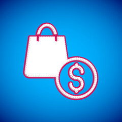 White Shopping bag and dollar icon isolated on blue background. Handbag sign. Woman bag icon. Female handbag sign. Vector