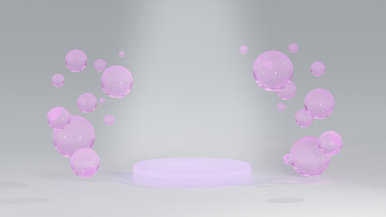 Cosmetics display stand. The glass podium stands on a bright background. 3D rendering of Cosmetics purple bubbles on defocus background.	