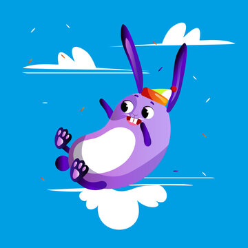 A cute cartoon rabbit in a Santa hat lies on a cloud. Winter vector illustration with an animal on a blue background.