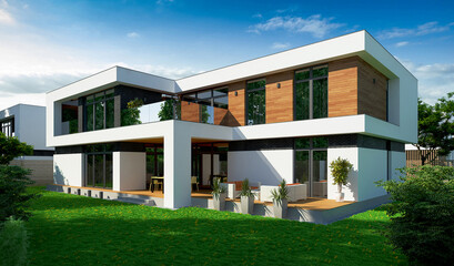 3D visualization of a modern house. House with a flat roof. Modern unique architecture
