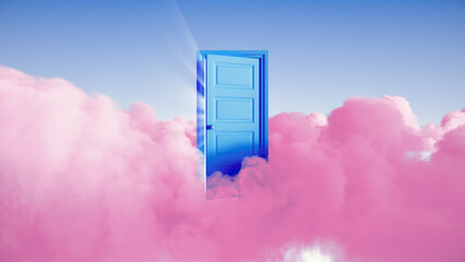 3d rendering, abstract fairytale background, light rays shining through the opening blue door, pink clouds