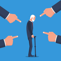 Accusation concept. Sad old man with a cane. Age discrimination. People point fingers at the sad person. Public victim. Vector illustration flat design. Disrespect for age.