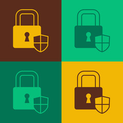 Pop art Shield security with lock icon isolated on color background. Protection, safety, password security. Firewall access privacy sign. Vector