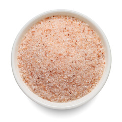 Pink Himalayan fine salt in white bowl isolated on white. Top view.