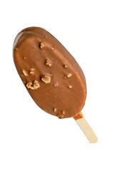 Popsicle ice cream bar with chocolate coating and peanuts isolated on white.