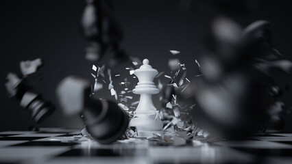 3d rendering, aggressive chess game white queen attacks and destroys other pieces. Damage metaphor, stressful situation, fight concept - obrazy, fototapety, plakaty