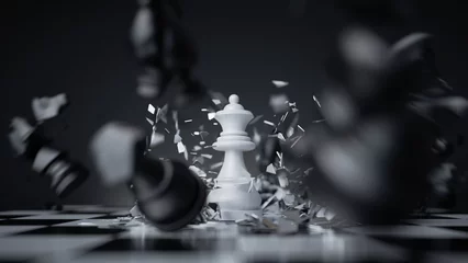 Fotobehang 3d rendering, aggressive chess game white queen attacks and destroys other pieces. Damage metaphor, stressful situation, fight concept © NeoLeo