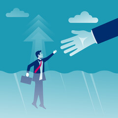 Business helping concept. Businessman gives a helping hand to an employee. To give help man, metaphor. Vector illustration flat design. Isolated on white background.