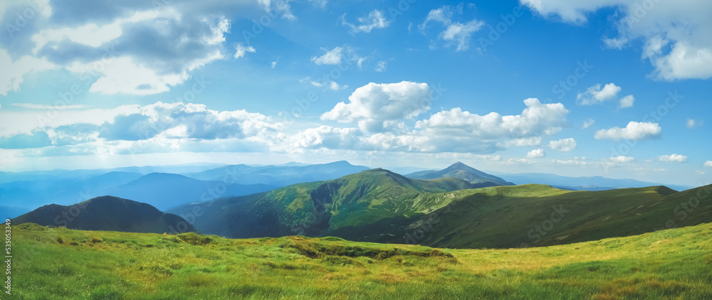 Wall mural Amazing alps panorama green meadow and mountain range. Blue sky and clouds in sunny day. Beautiful natural summer scenery. Alpine highlands nature landscape. Travel adventure concept image. Copy space