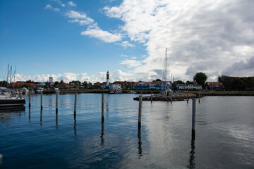 Fototapeta na wymiar Harbor overlooking Timmendorf Strand, with blue sky, Poel Island, Baltic Sea, Germany