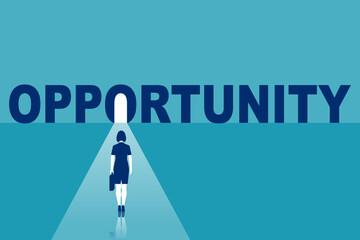 Opportunity concept. Businesswoman faces great opportunities. The beginning of a new path. Light from the door. Bright future. Vector flat design.