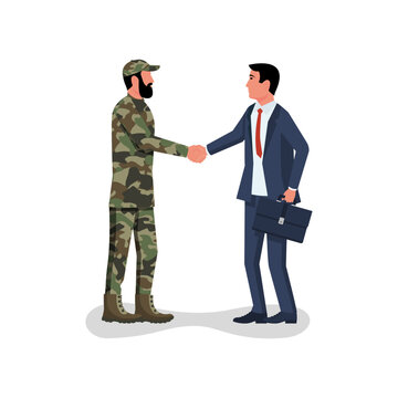 Handshake businessman and soldier. Symbol of successful negotiations. Partnership, meeting. Vector illustration flat design. The conclusion of an agreement between the warring countries.