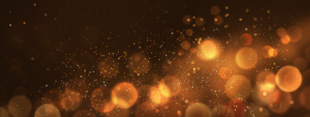 Background of abstract glitter lights. Brown and golden Bokeh, de-focused. Blurred Backdrop Banner....