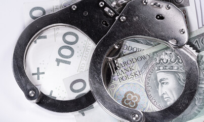 Police handcuffs and banknotes in Polish currency. The concept of economic crime in Poland. Banknotes of Polish zlotys.